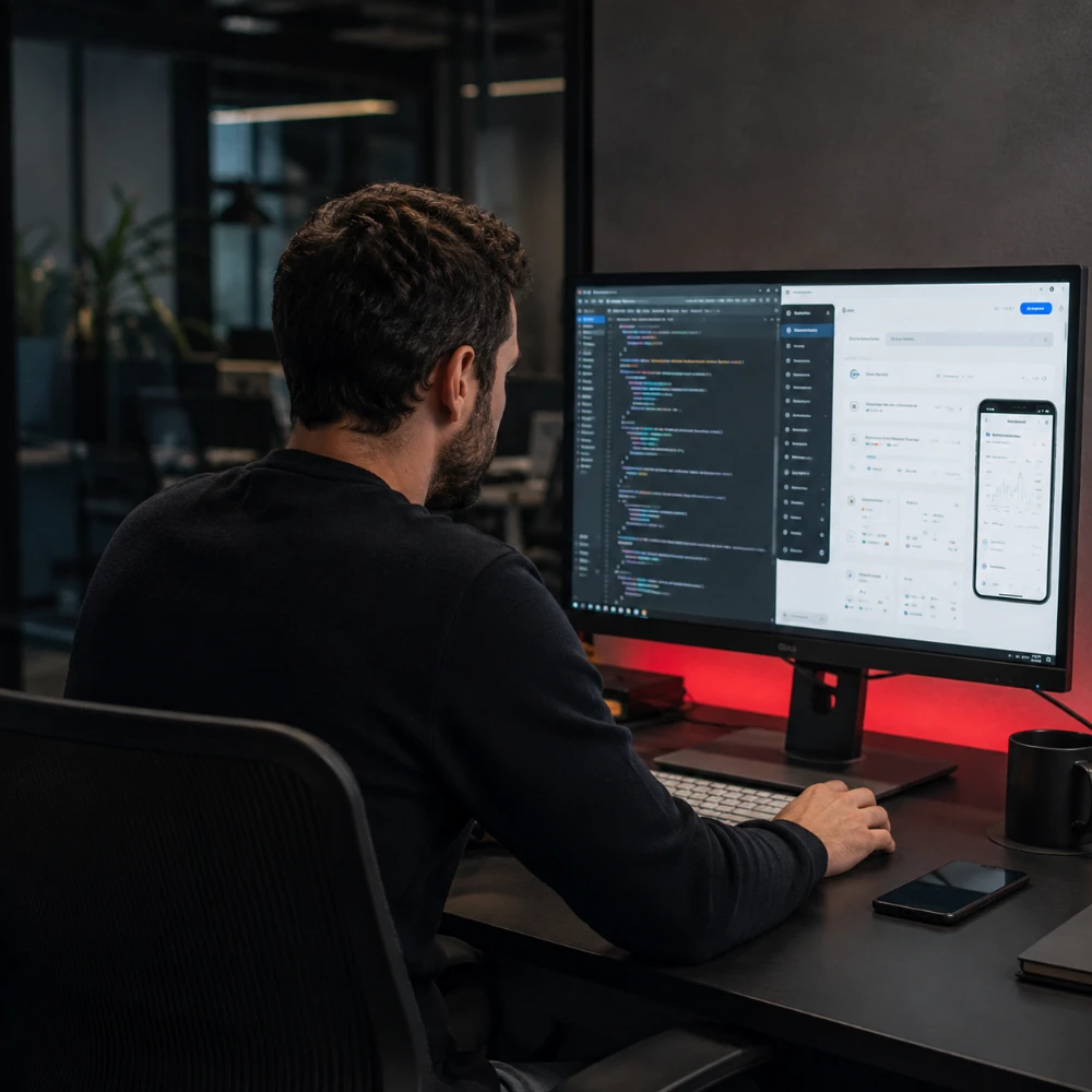 Profissional desenvolvendo uma aplicação responsiva em um ambiente de trabalho