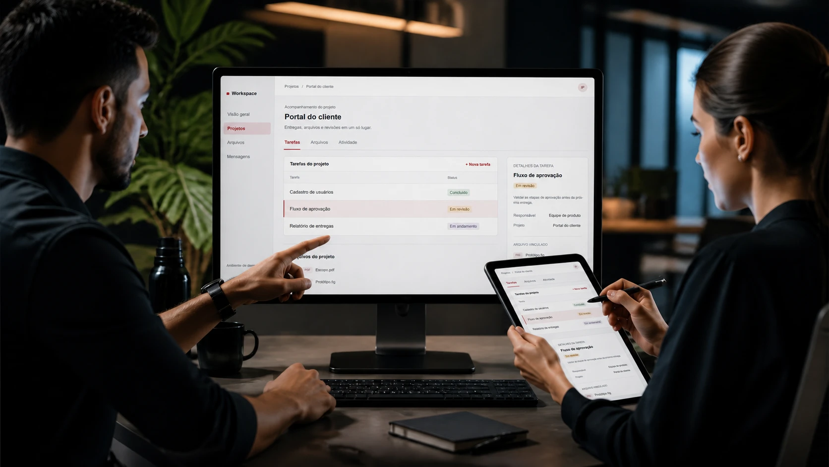 Equipe acompanhando tarefas e arquivos de um portal do cliente no monitor e no tablet